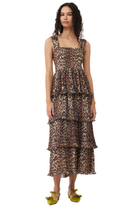 Pleated Flounce Midi Dress in Leopard